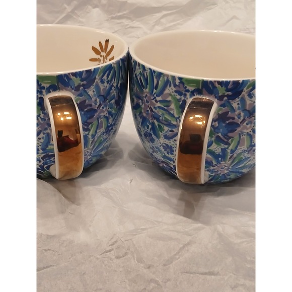 Lilly Pulitzer Set of 2 Ceramic Coffee Tea Mugs Gold Handle Floral Design - Picture 4 of 4